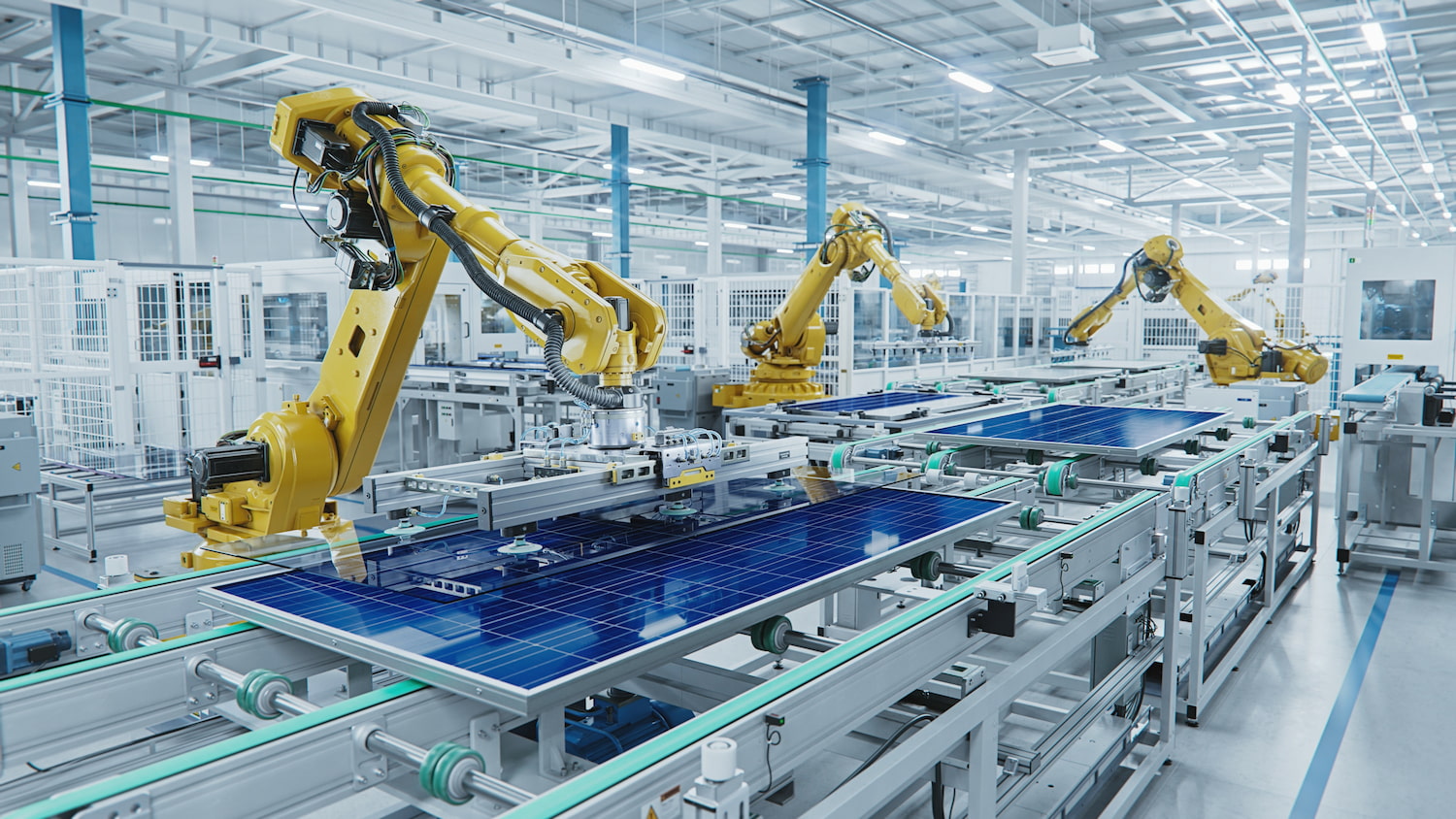 Robotic arms assembling solar panels, highlighting efficiency in automated manufacturing